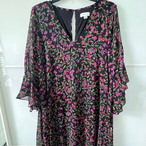 Calvin Klein Womens Shift Dress Size 14 Black Pink Floral Mini Ruffle Sleeve